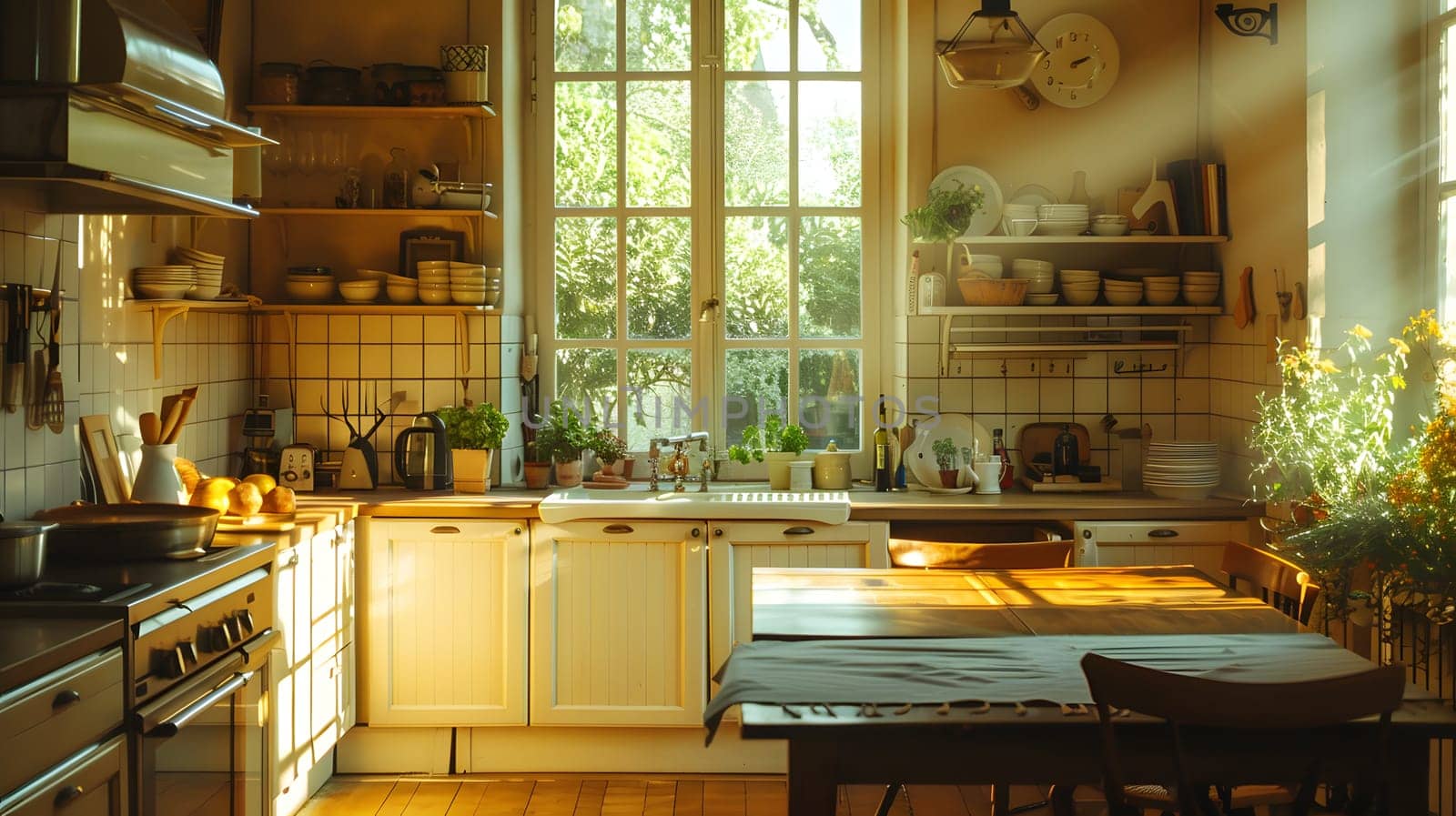 A cozy kitchen with wooden cabinetry, a table and chairs, a window overlooking a plant, and a beautiful countertop. The interior design features wood flooring, creating a warm atmosphere in the house