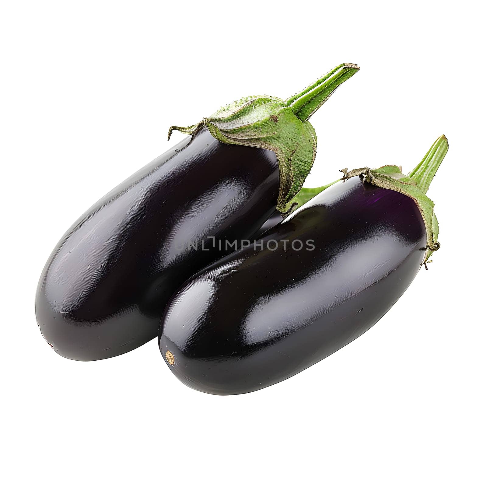 Two eggplants with green stems as natural foods in the nightshade family by Nadtochiy