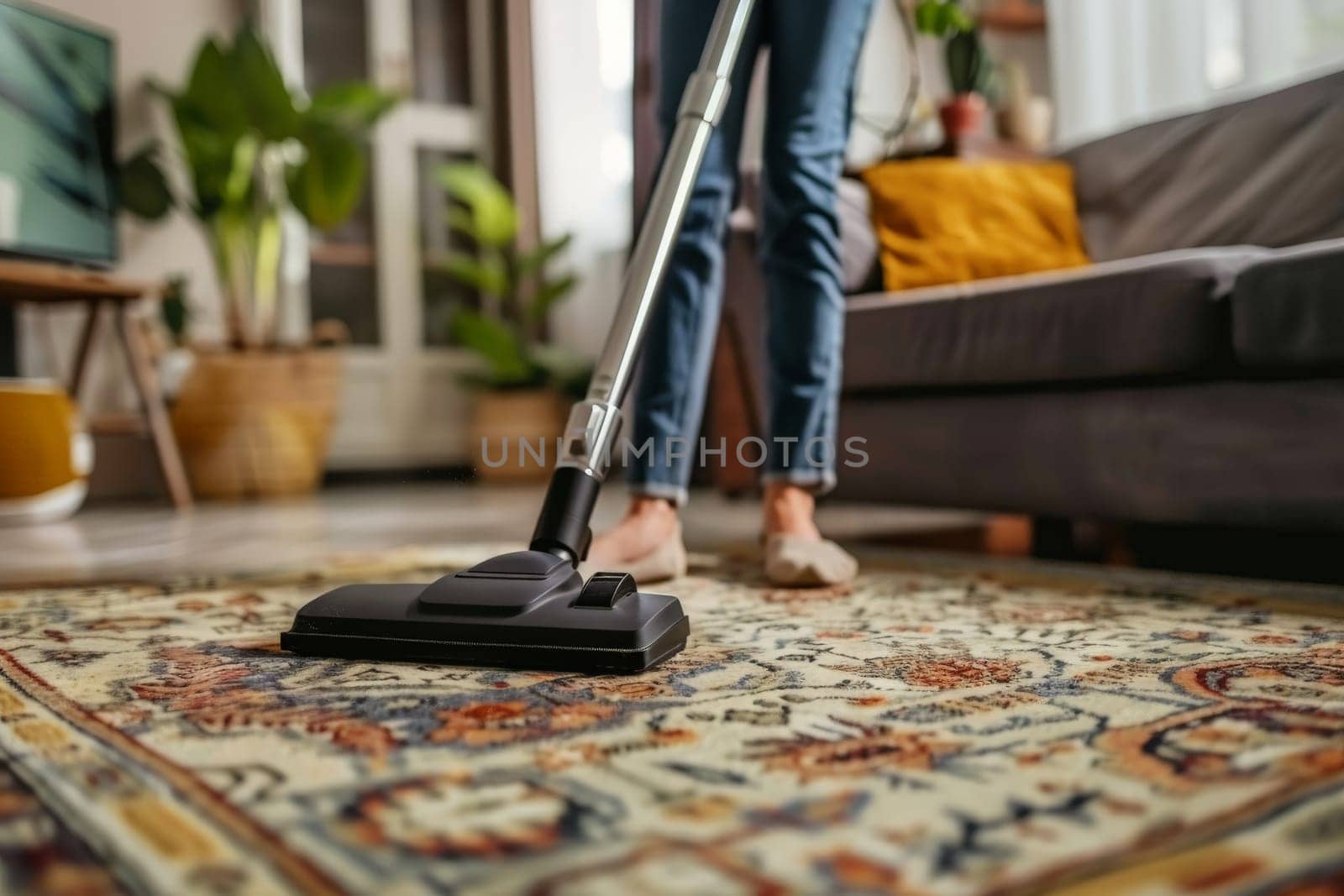 A hands of female cleaning service worker vacuums rug in living room, Generative AI by nijieimu