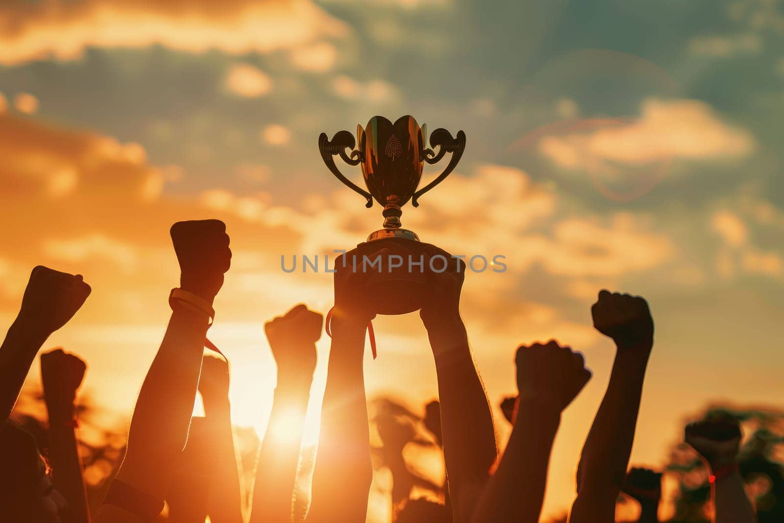 A group of people are holding up a trophy in the air.