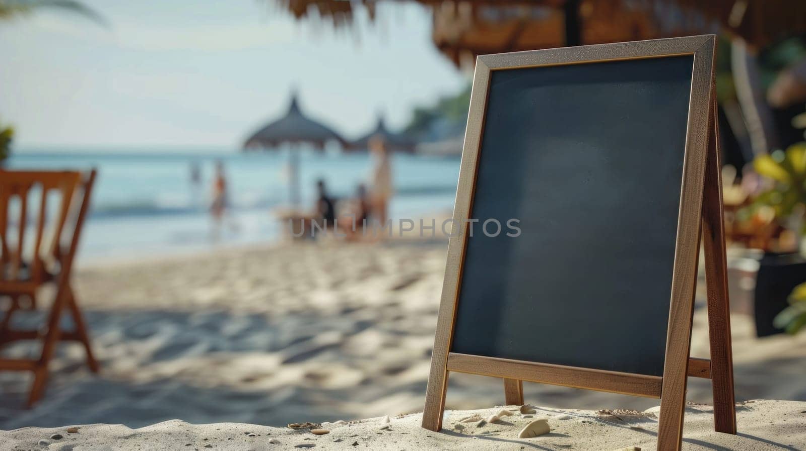 A blackboard is on a wooden stand on a beach.