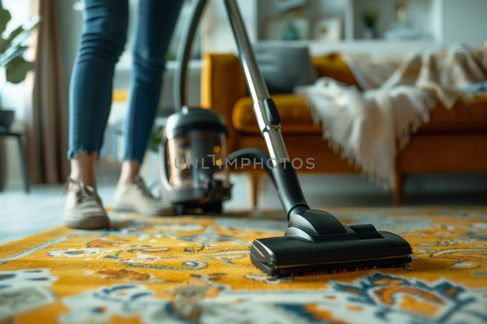 A hands of female cleaning service worker vacuums rug in living room, Generative AI.