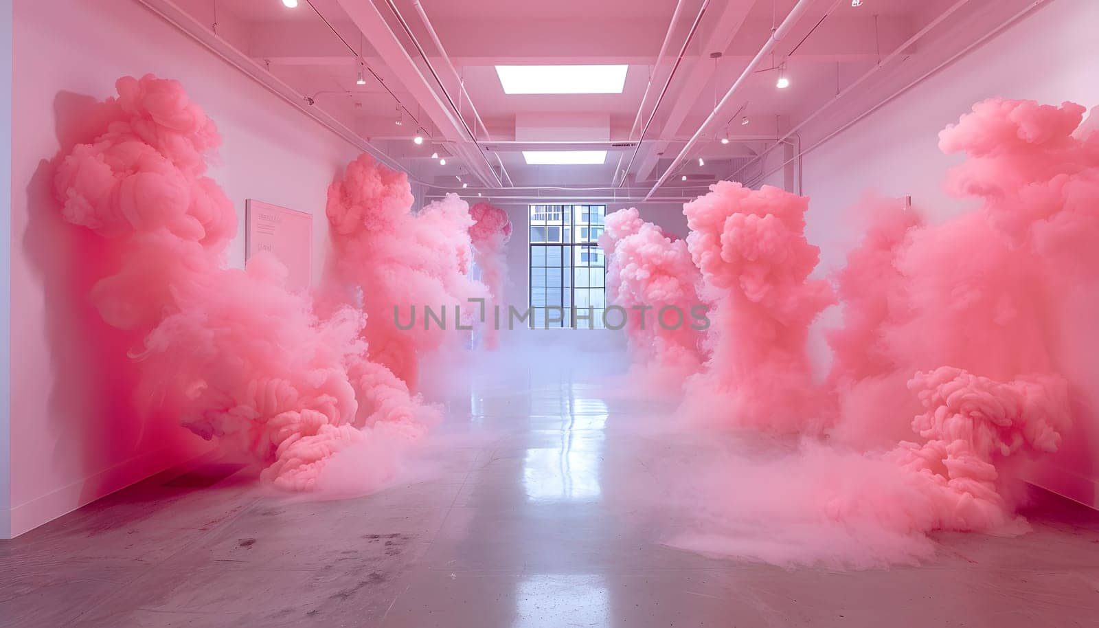 The buildings hallway was filled with magenta smoke seeping out of the walls, creating a mesmerizing symmetrical art display at the event