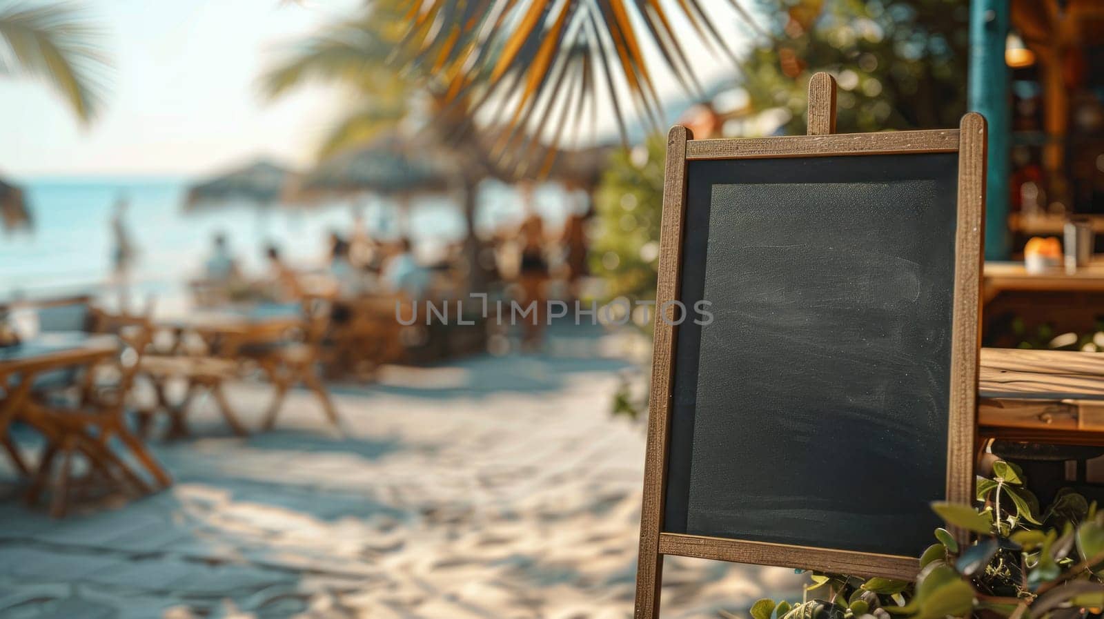 A blackboard is on a wooden stand on a beach.