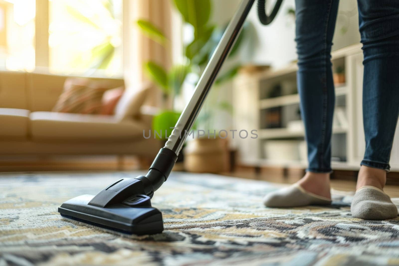 A hands of female cleaning service worker vacuums rug in living room, Generative AI.