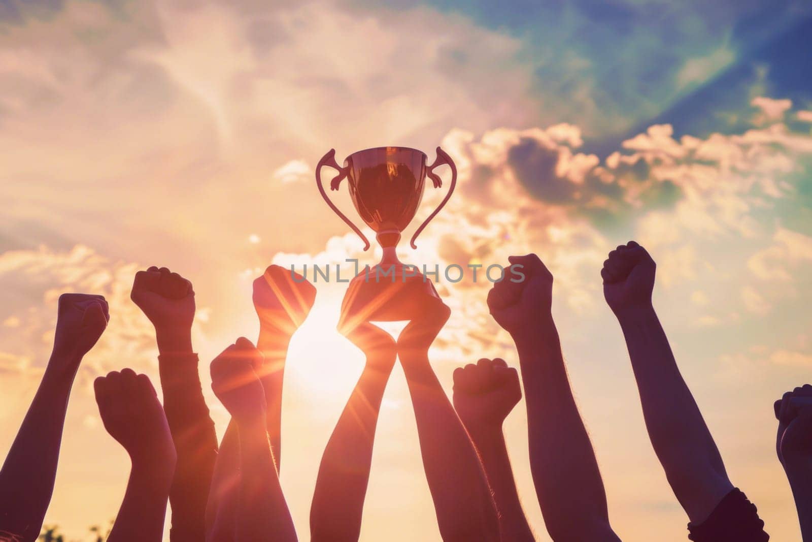 A group of people are holding up a trophy in the air. The trophy is surrounded by the hands of the people, and the sun is shining brightly in the background. Scene is celebratory and triumphant