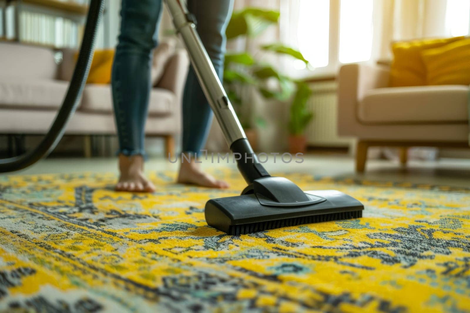 A hands of female cleaning service worker vacuums rug in living room, Generative AI.