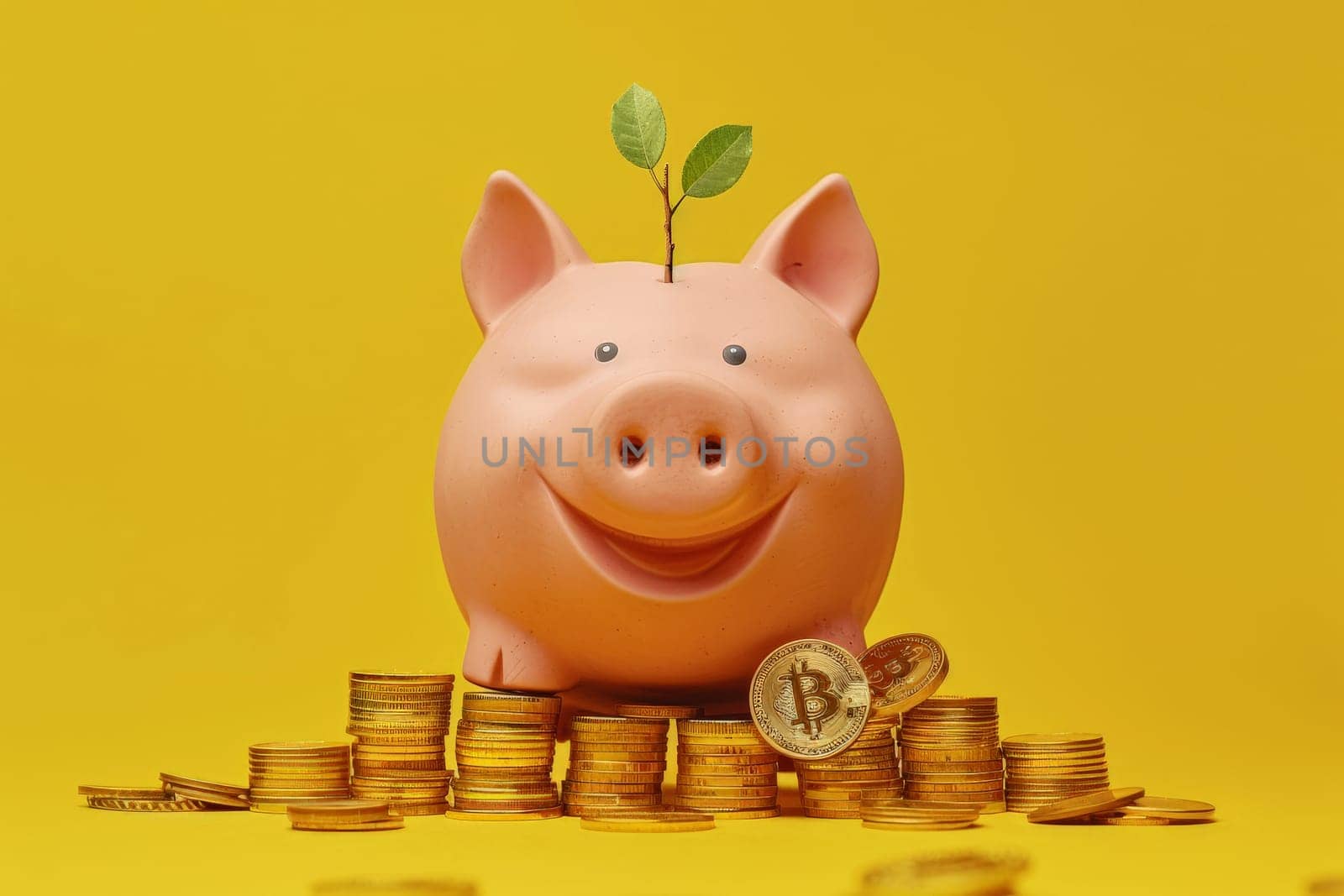 Smiling pink pig piggy bank with a stack of gold coins and a green plant growing, Generative AI.