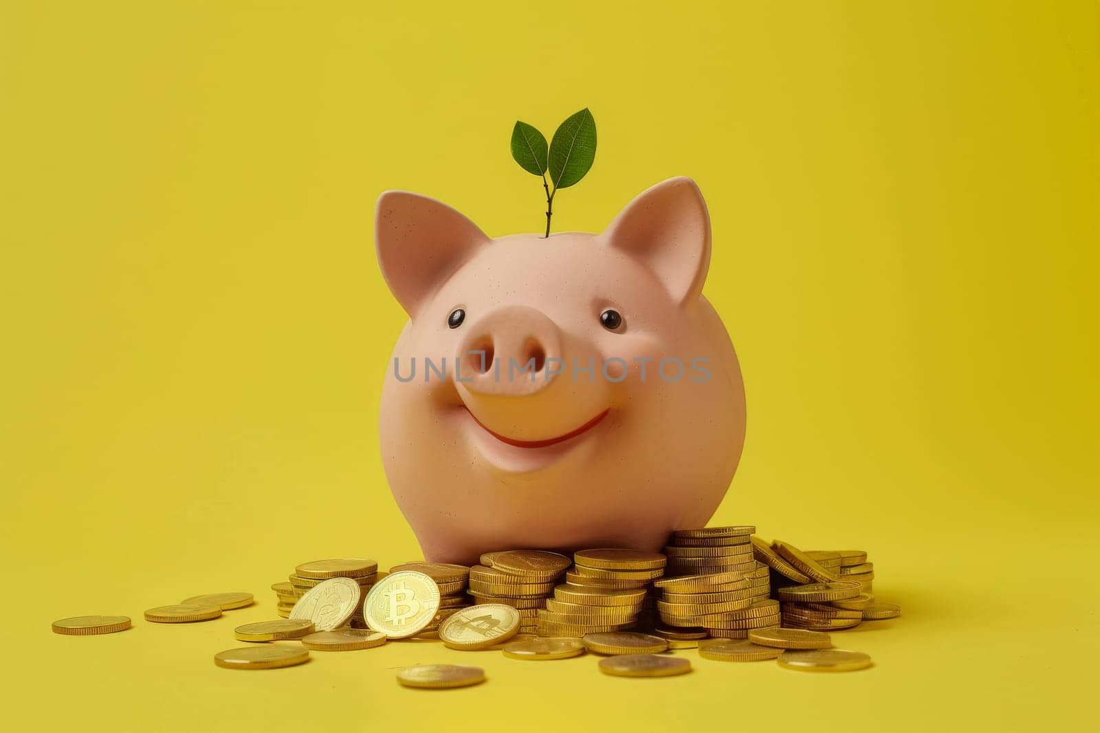 Smiling pink pig piggy bank with a stack of gold coins and a green plant growing, Generative AI by nijieimu