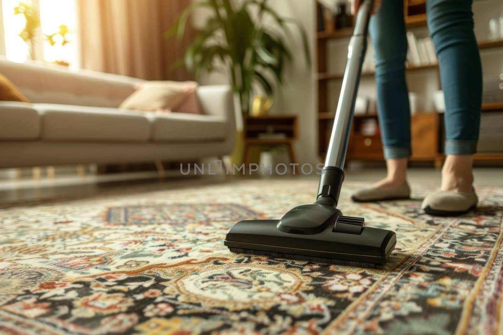 A hands of female cleaning service worker vacuums rug in living room, Generative AI by nijieimu