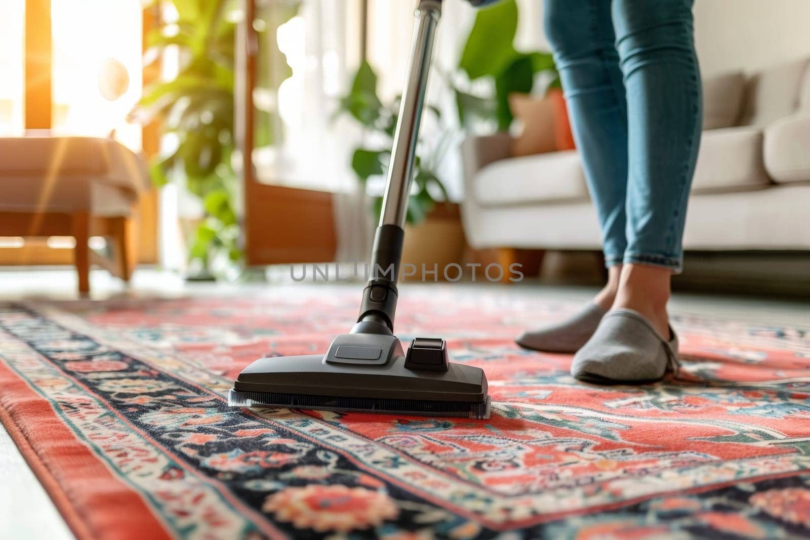 A hands of female cleaning service worker vacuums rug in living room, Generative AI by nijieimu