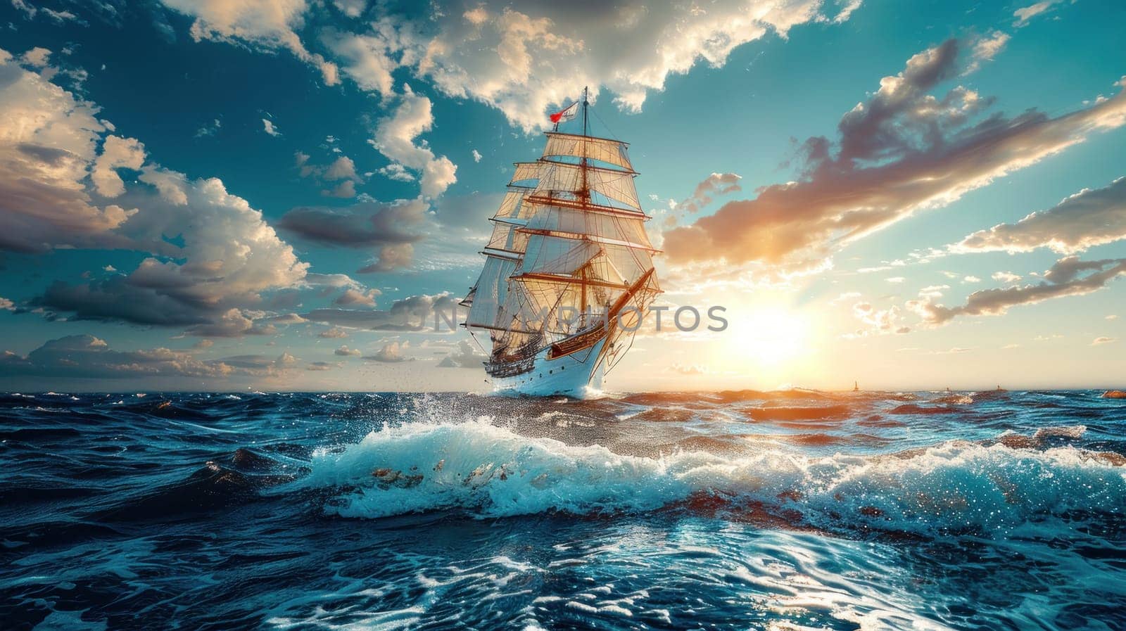 A large ship sails through the ocean with a bright sun shining on it.