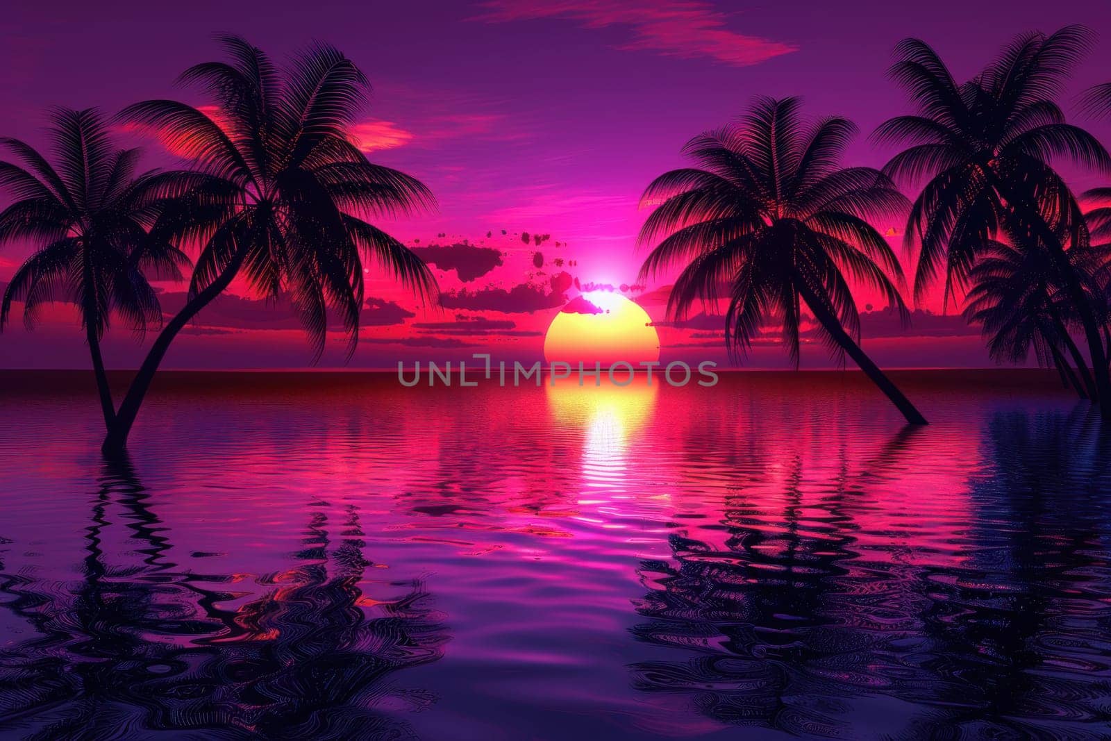 A beautiful sunset over the ocean with palm trees in the background, neon style..