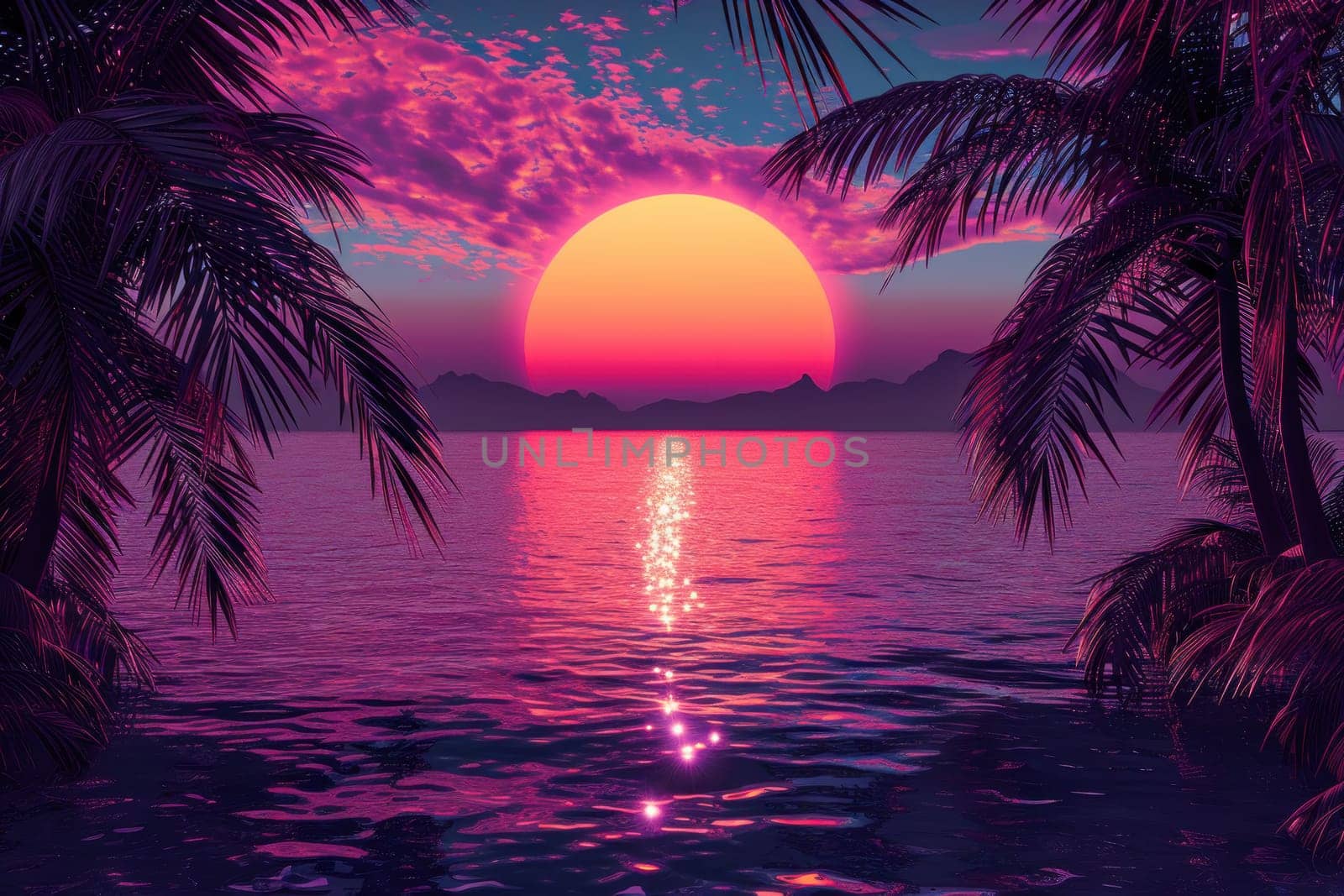 A beautiful sunset over the ocean with palm trees in the background, neon style..