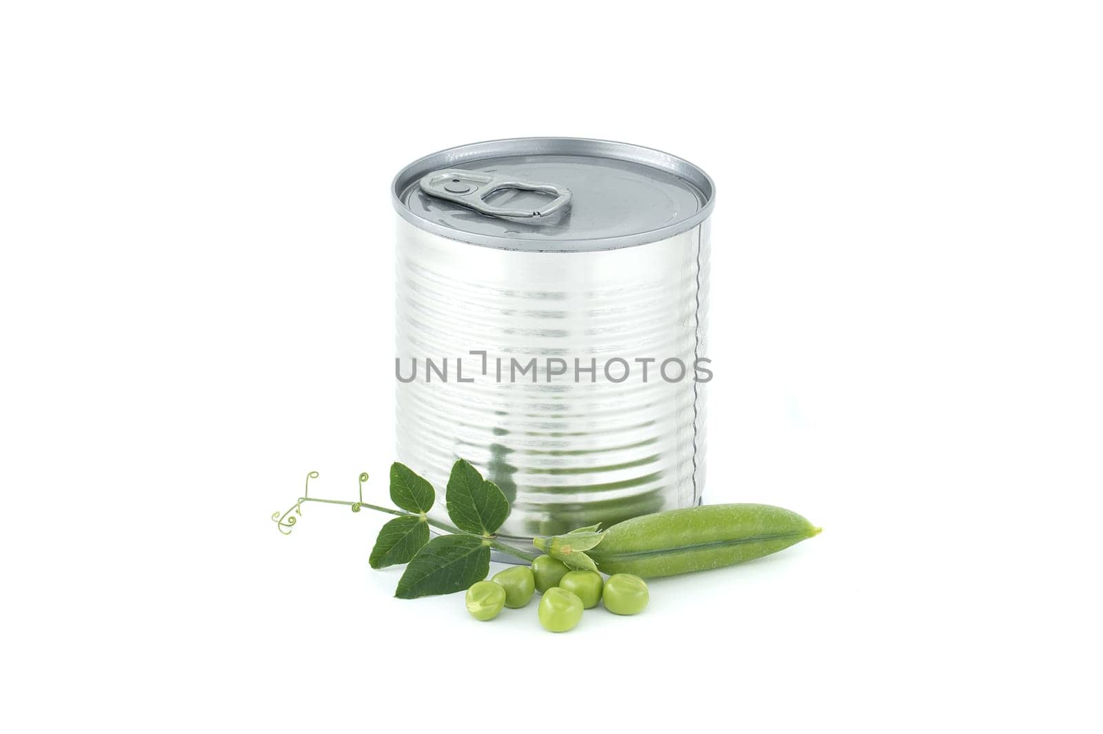 Tin can and fresh garden peas isolated on white by NetPix