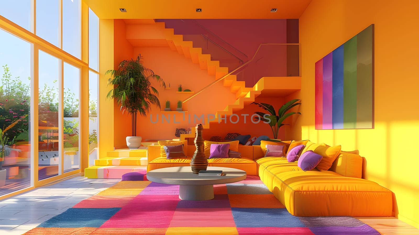 A vibrant living room with colorful furniture and a staircase. The property boasts an orange couch, adding a pop of color to the interior design