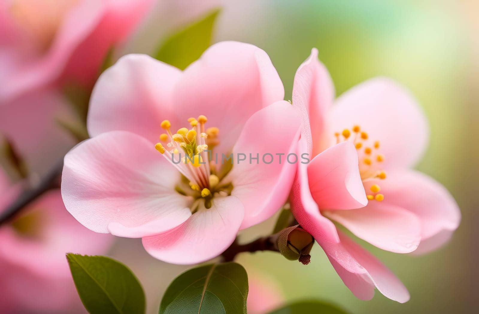 Illustration close-up of a quince flower in spring, pastel colors, beauty in nature. AI generated.