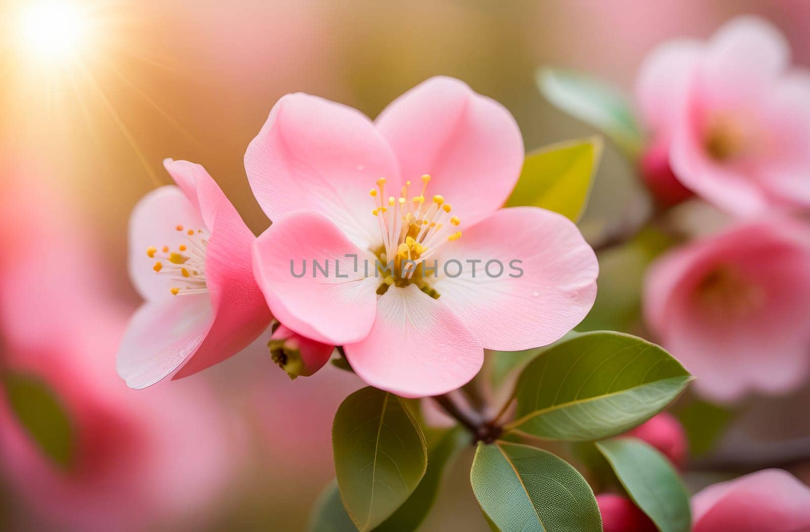 Illustration close-up of a quince flower in spring. AI generated. by OlgaGubskaya