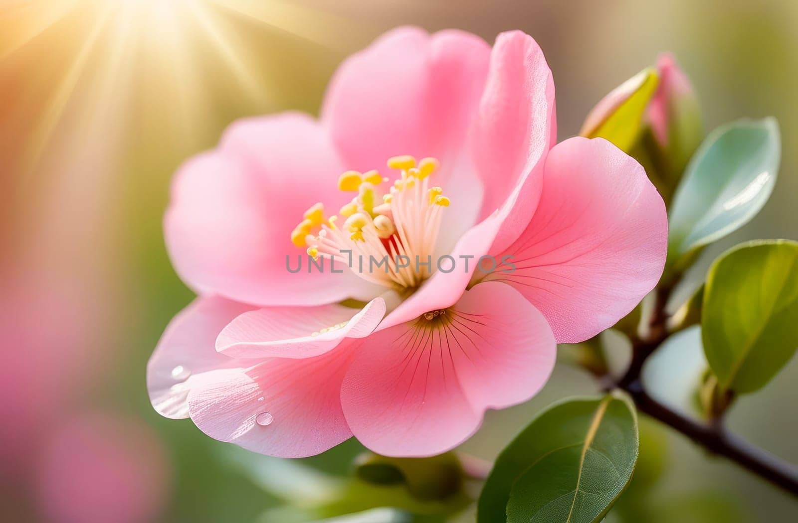 Illustration close-up of a quince flower in spring. AI generated. by OlgaGubskaya