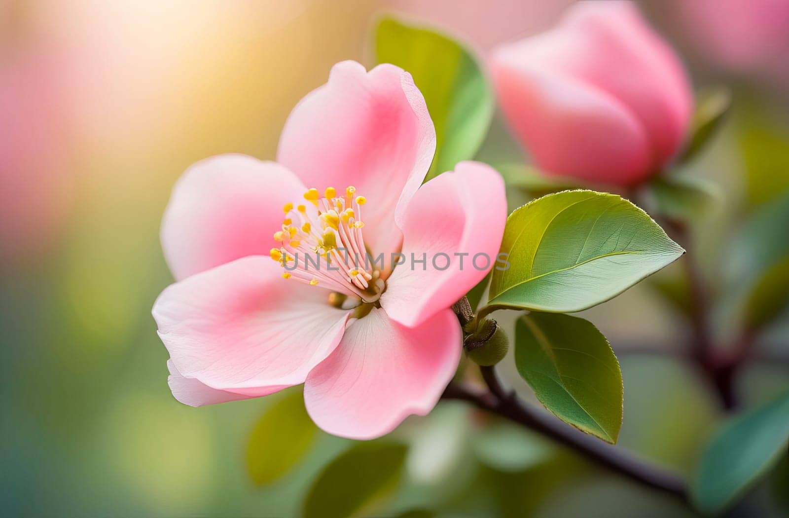 Illustration close-up of a quince flower in spring. AI generated. by OlgaGubskaya