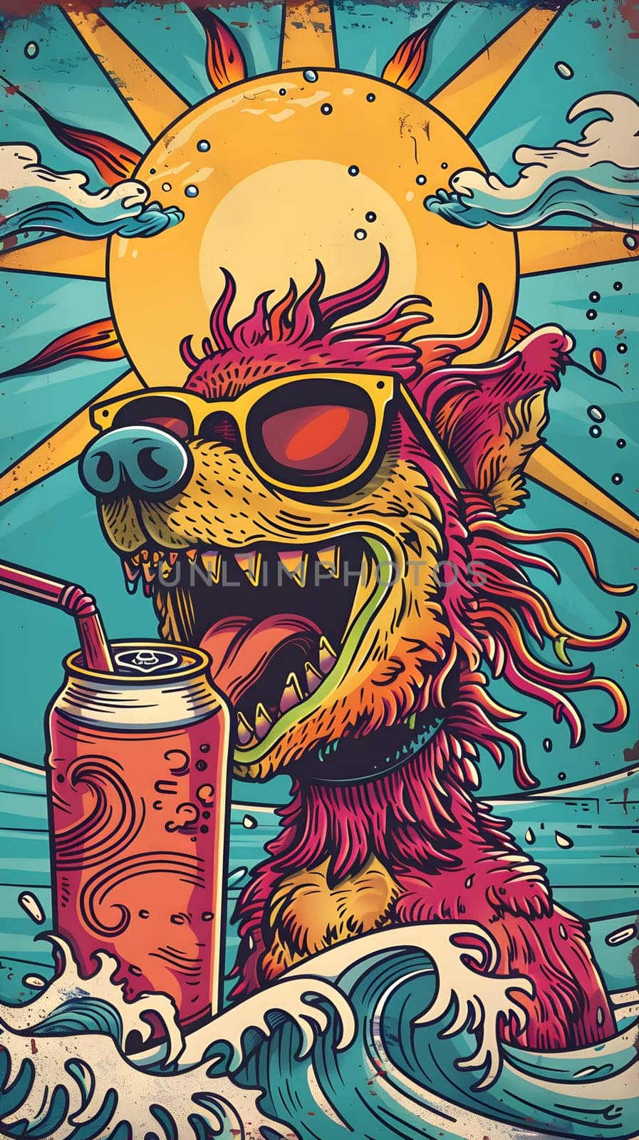 A vibrant illustration of a dog with sunglasses and soda can, beautifully painted with colorful art in a playful style