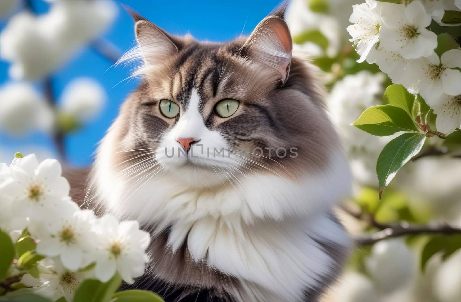A cat sitting on a blooming branch of an apple tree in the spring. AI generated. by OlgaGubskaya