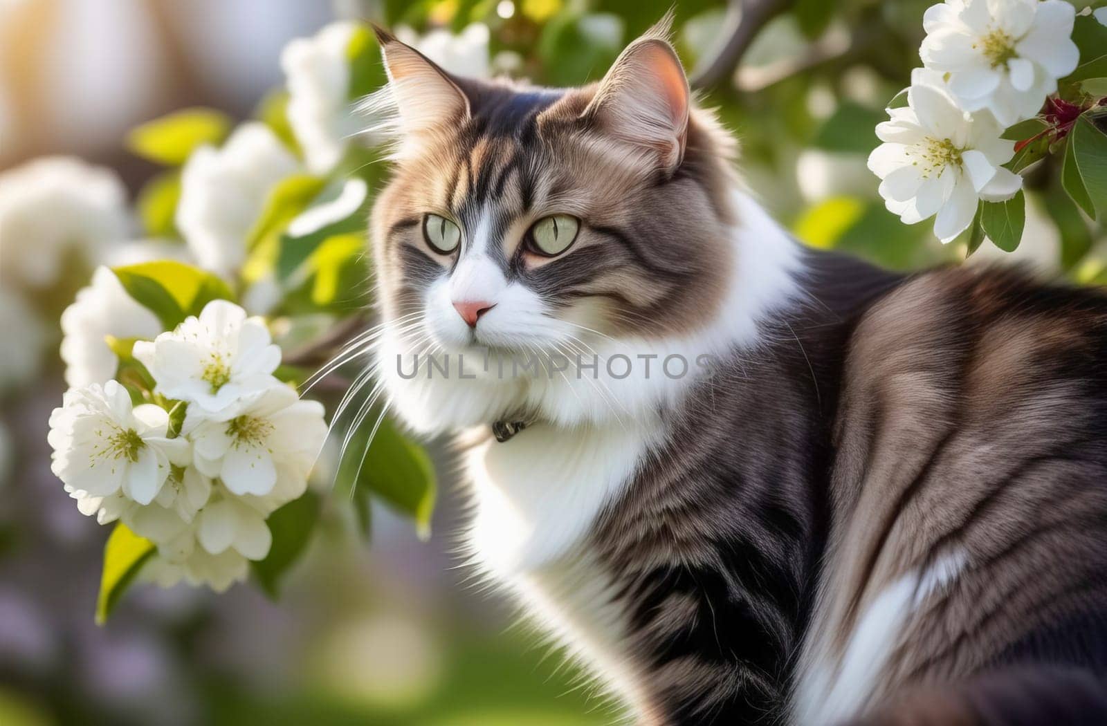 Close-up illustration of a fluffy cat with a white muzzle sitting on a blooming branch of an apple tree in the spring. AI generated.