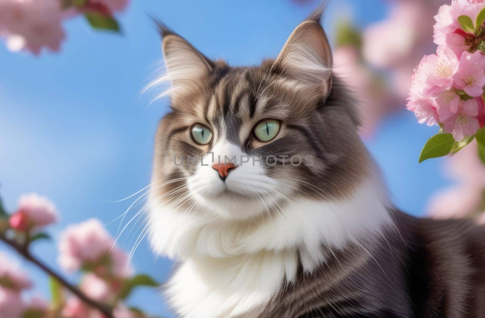 A cat sitting on a blooming branch of an apple tree in the spring. AI generated. by OlgaGubskaya