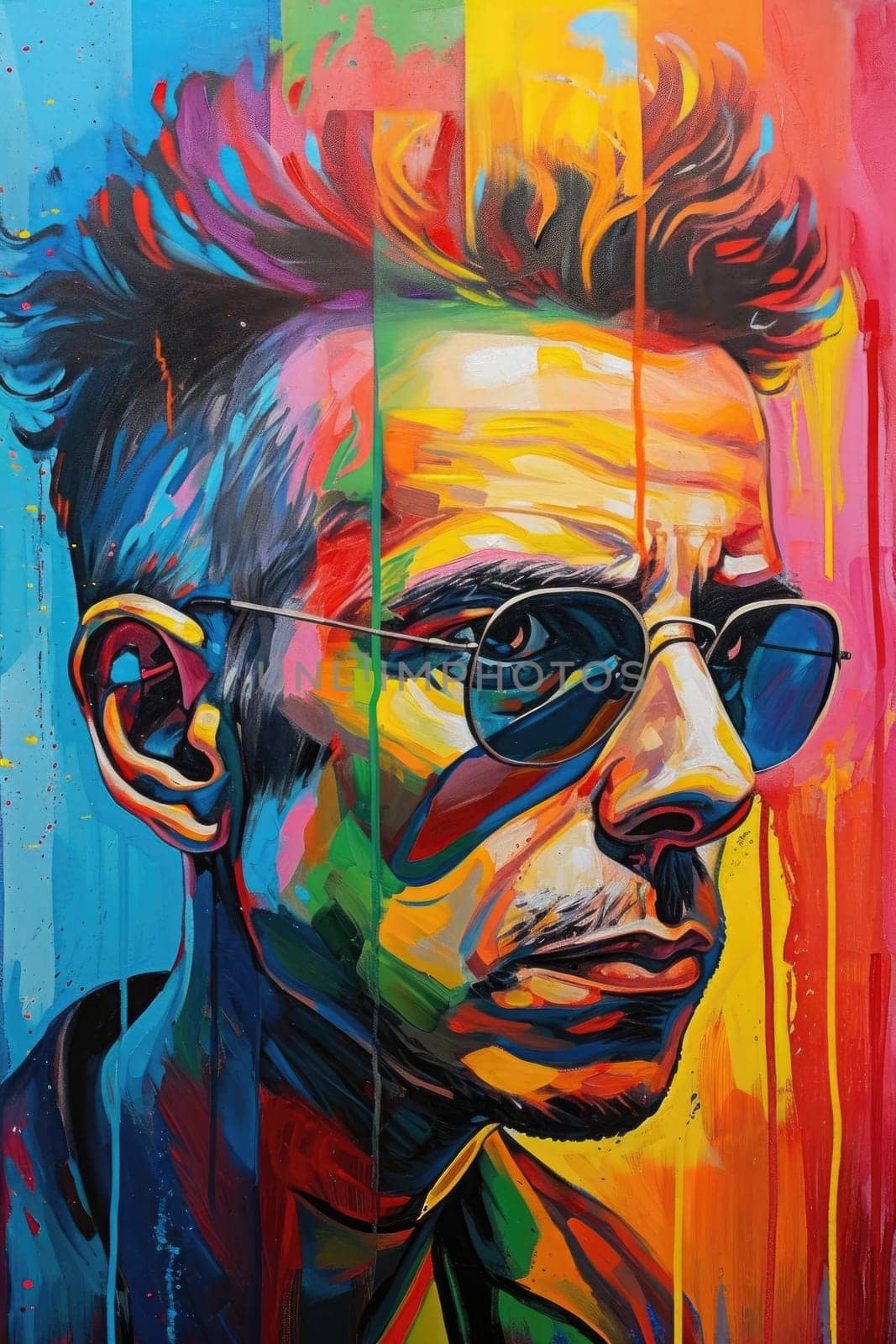 The comic colourful picture of the short hair male adult human head and has been wearing sunglasses with straight face yet picture fill with various colour that make picture fill with emotion. AIGX01.