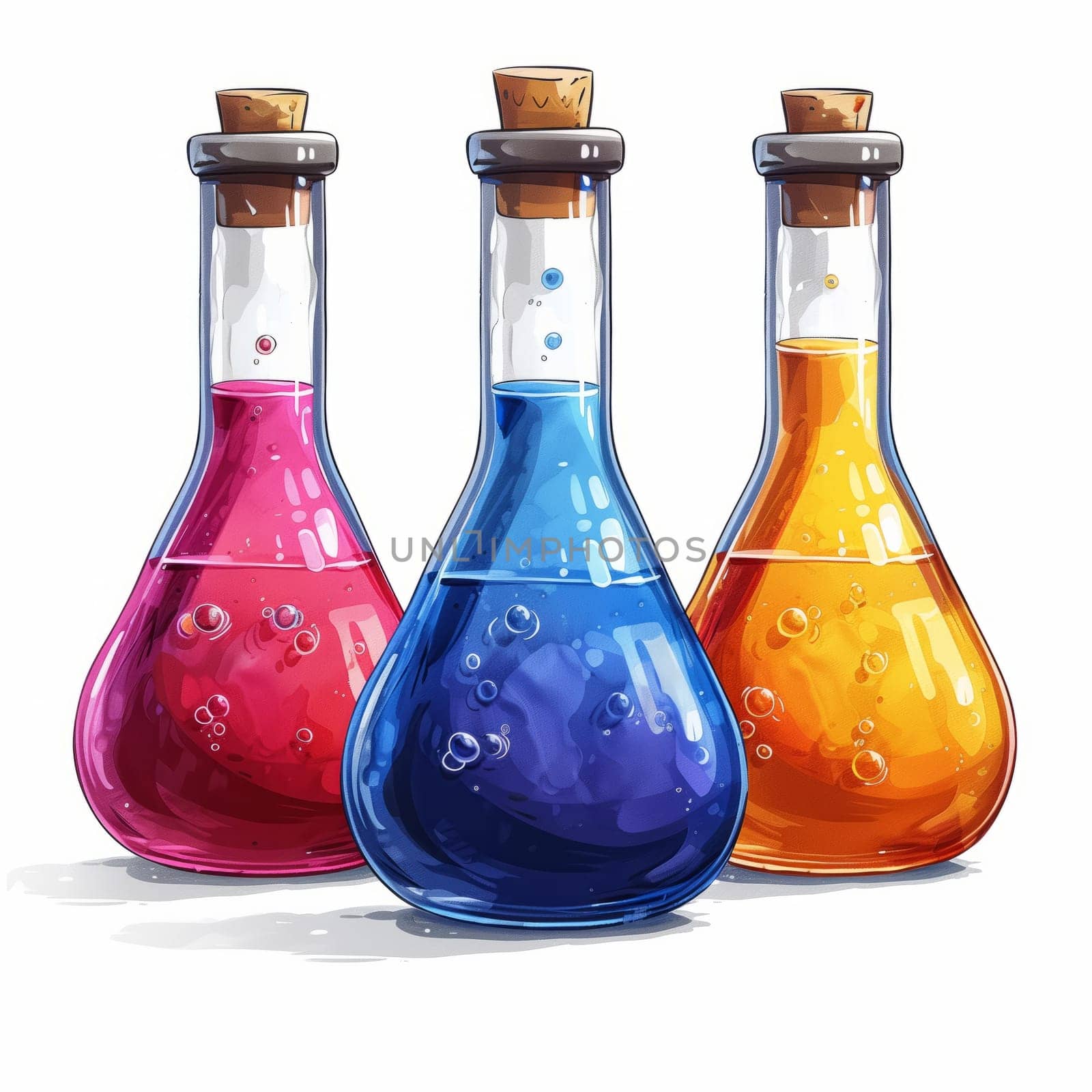 Three glass bottles filled with various colored liquids displayed on a white background, resembling an artistic creation or vibrant drinkware