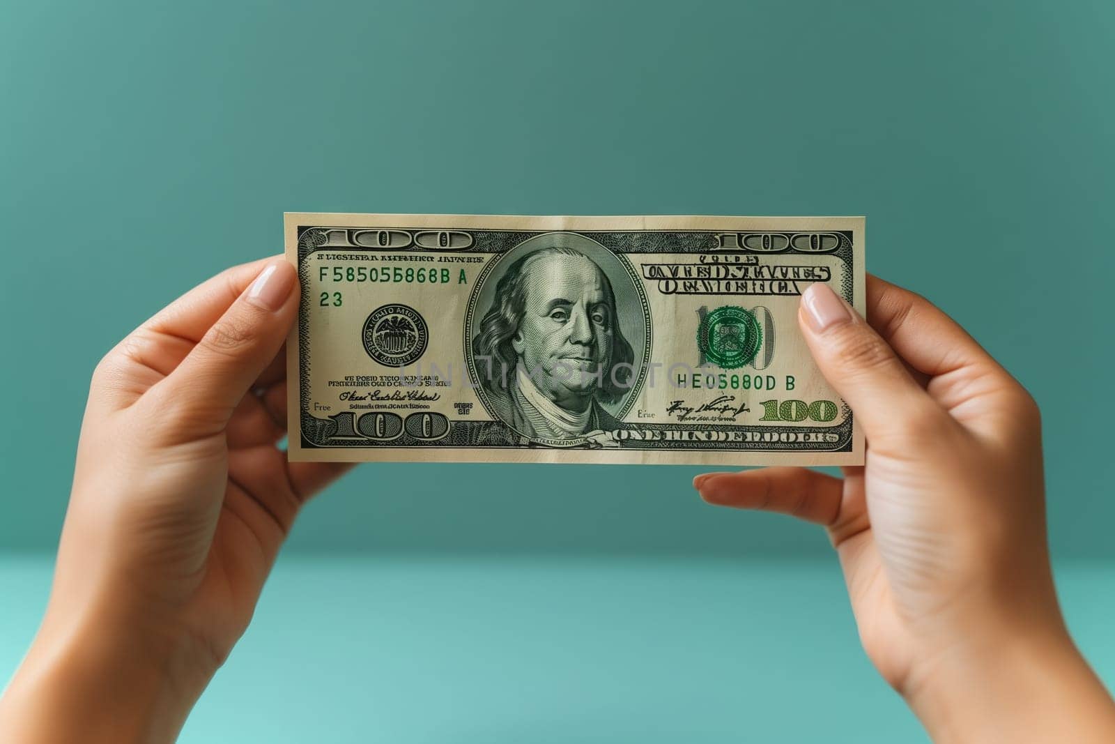 The person is holding a banknote of 100 dollars in their hands, using their fingers and thumb to handle the collectable currency with care