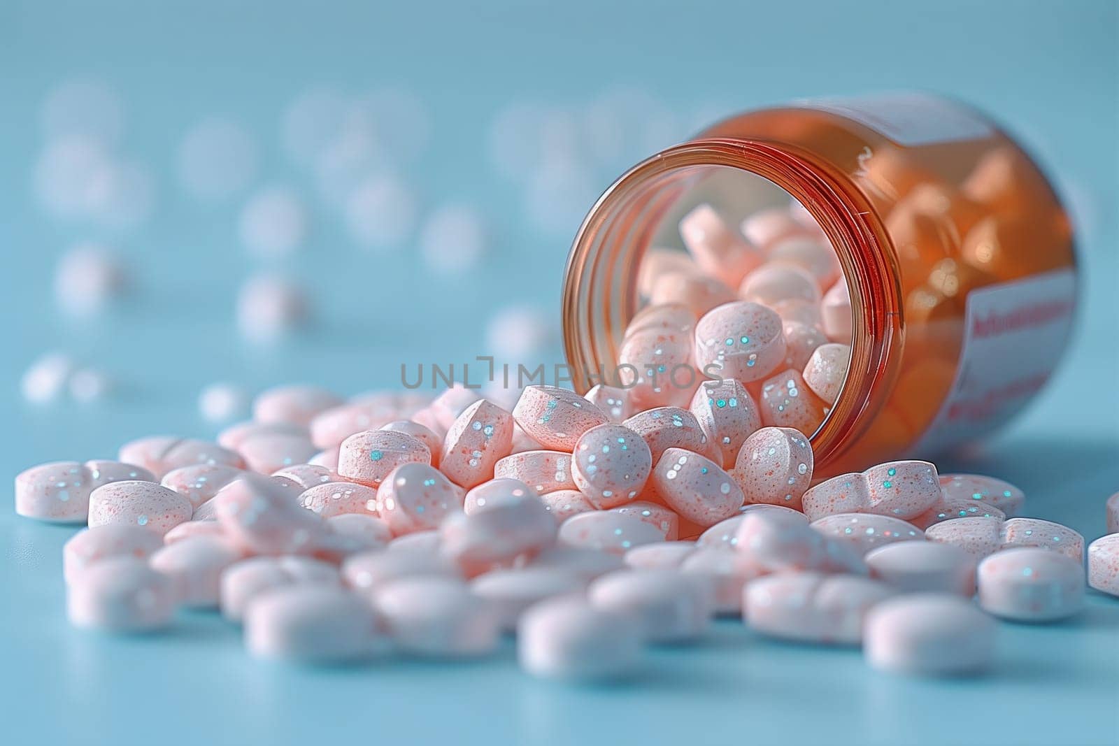 Aqua pills spill out of a circular bottle onto a natural material backdrop, resembling a creative arts installation in electric blue hues