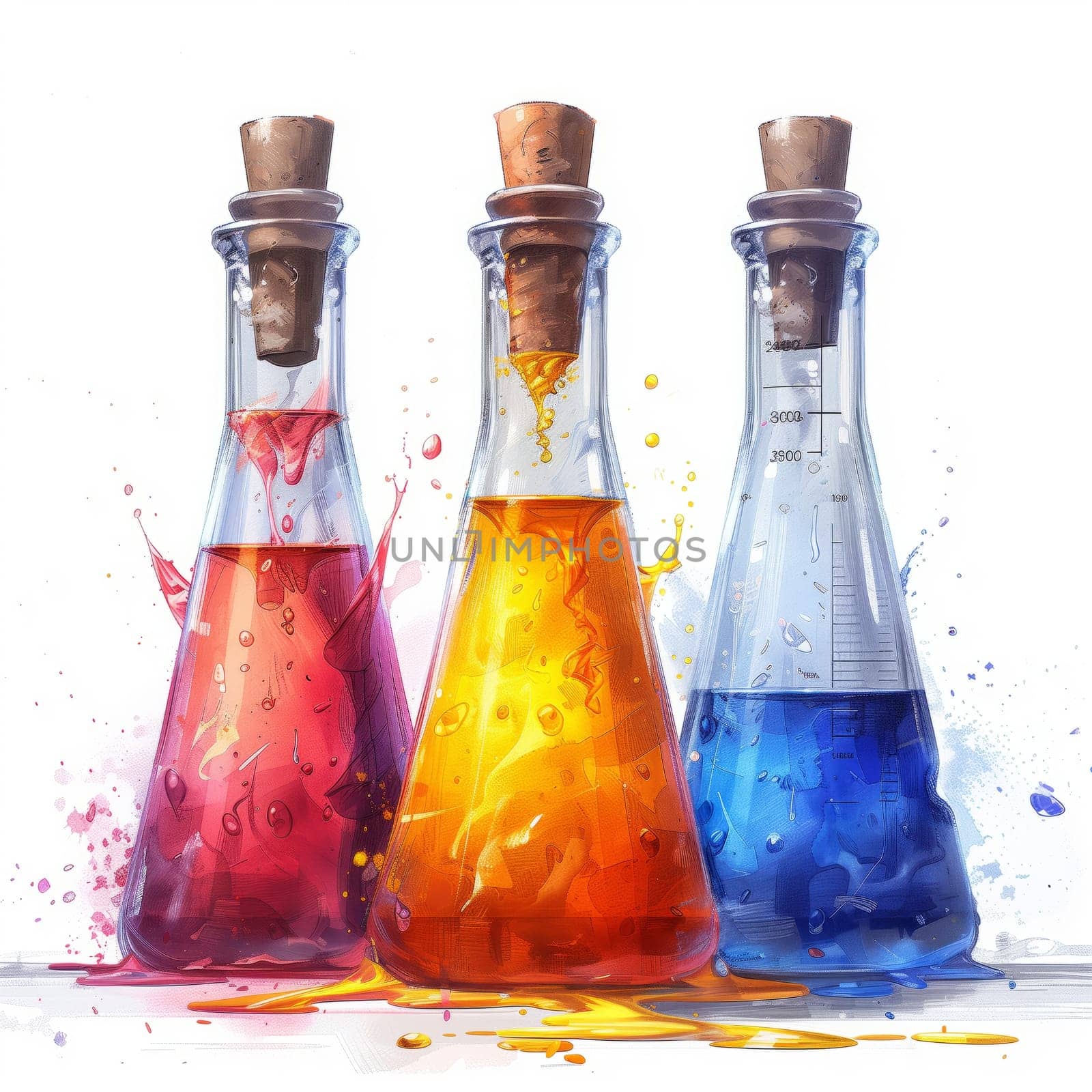 Three glass bottles filled with colorful liquids displayed on a white background, resembling art paint or alcoholic beverages
