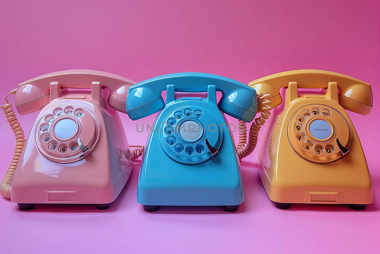 Three vintage telephones in shades of purple, pink, and magenta are displayed on an electric blue background. These electronic gadgets sit next to each other, creating a nostalgic feel