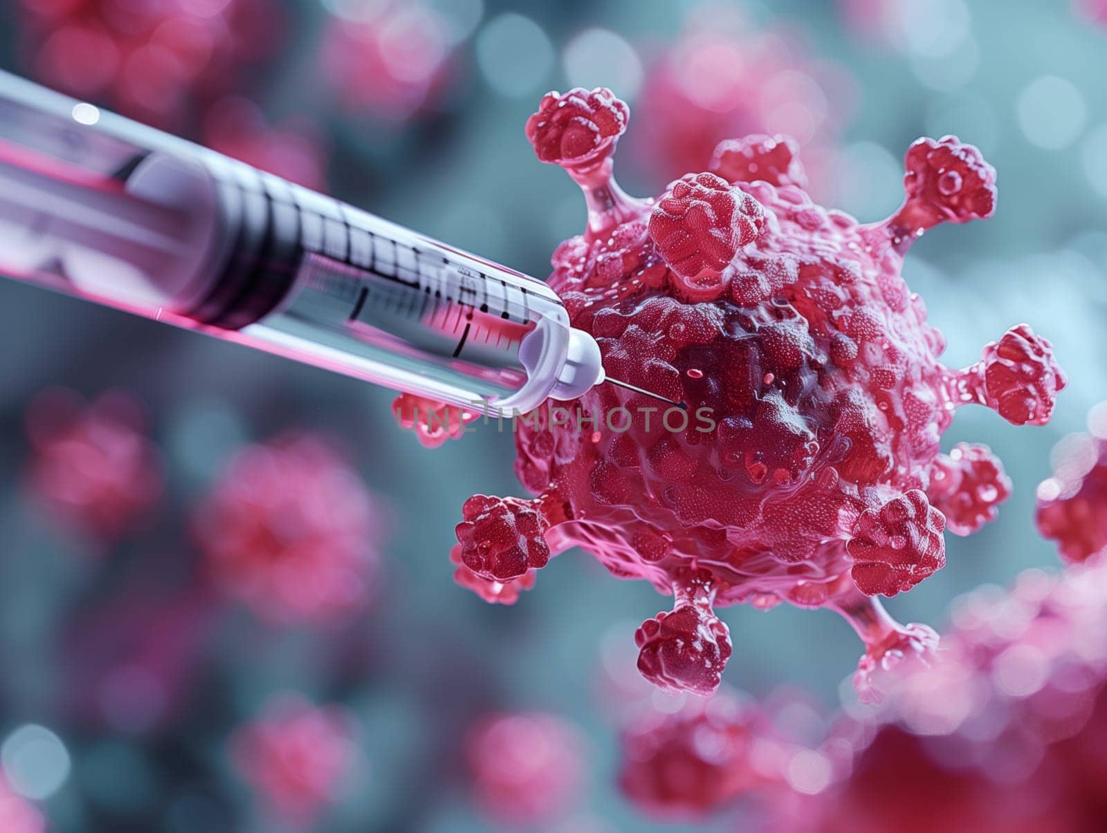 A pink liquid is being injected into a magenta virus using a syringe. The closeup macro photography captures the art of this process, resembling a fashion accessory on a petal of a plant