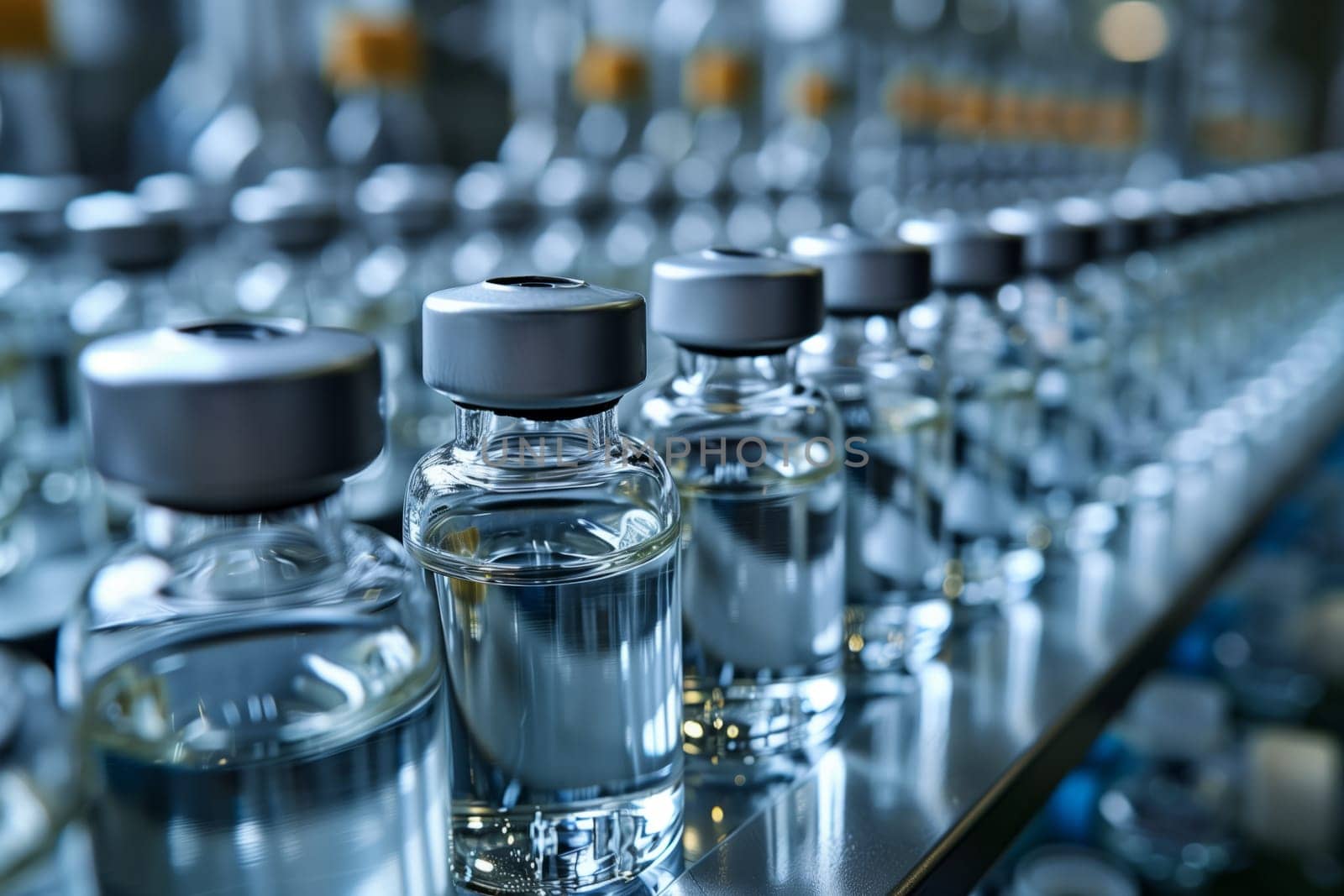 A row of glass bottles filled with liquid are moving along a conveyor belt. The drinkware is being transported for packaging and distribution