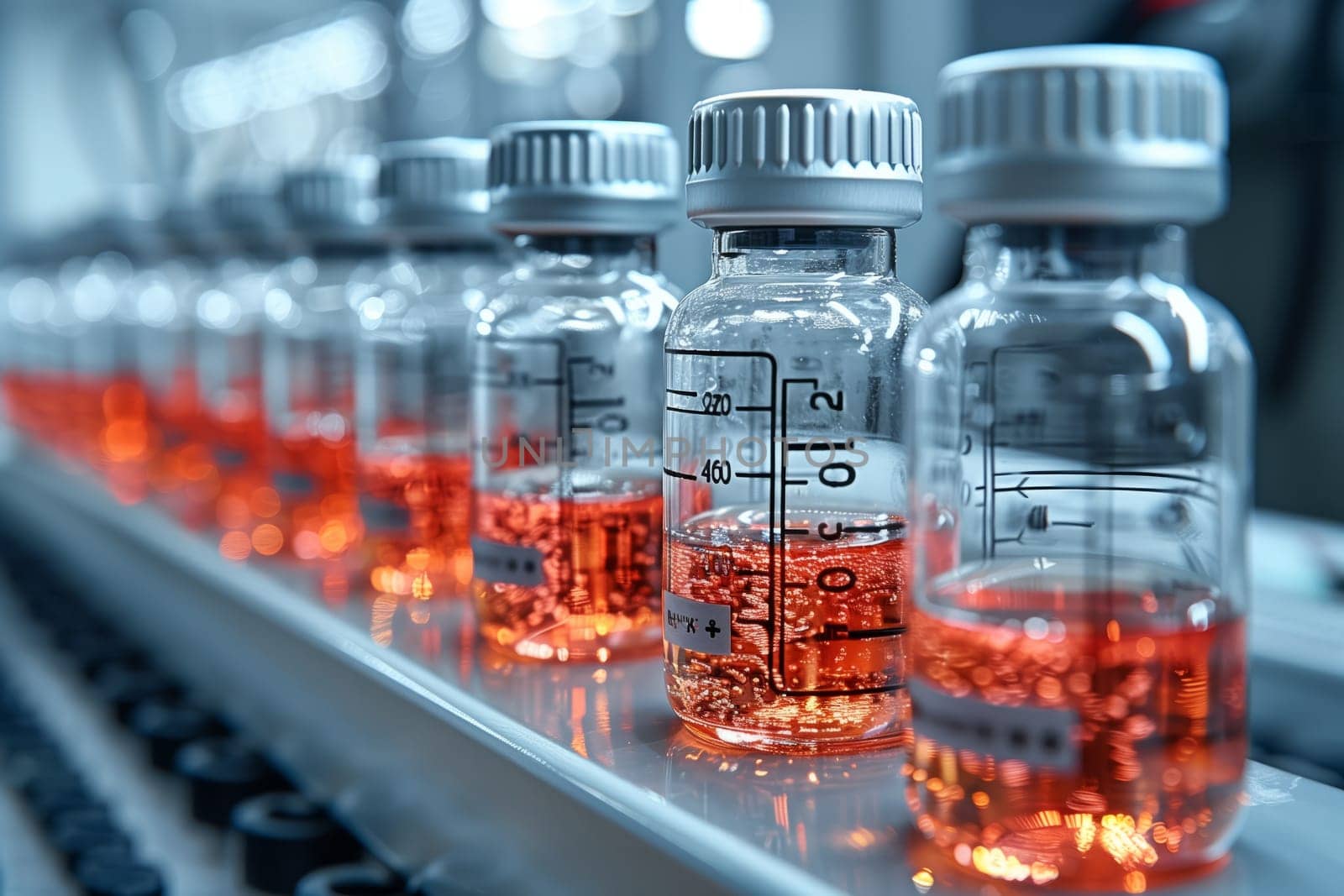 A line of plastic and glass bottles containing orange liquid, possibly mineral water or a soft drink, moving along a conveyor belt