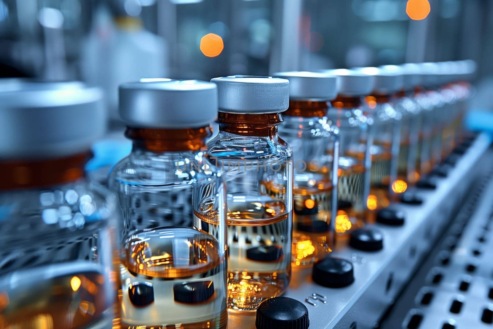 A conveyor belt in a laboratory is filled with glass bottles of liquid, potentially containing alcoholic beverages or other fluid substances