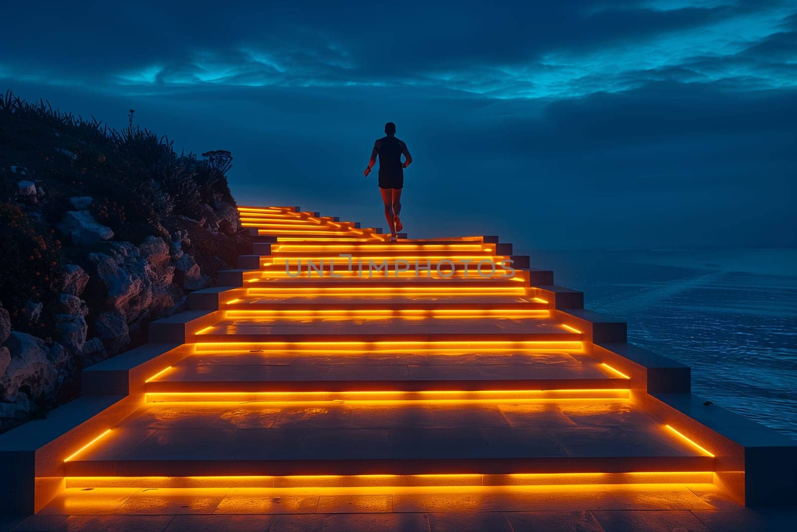 A man is leisurely walking up a wooden staircase illuminated at dusk, with the calm landscape under a cloudy sky in the horizon