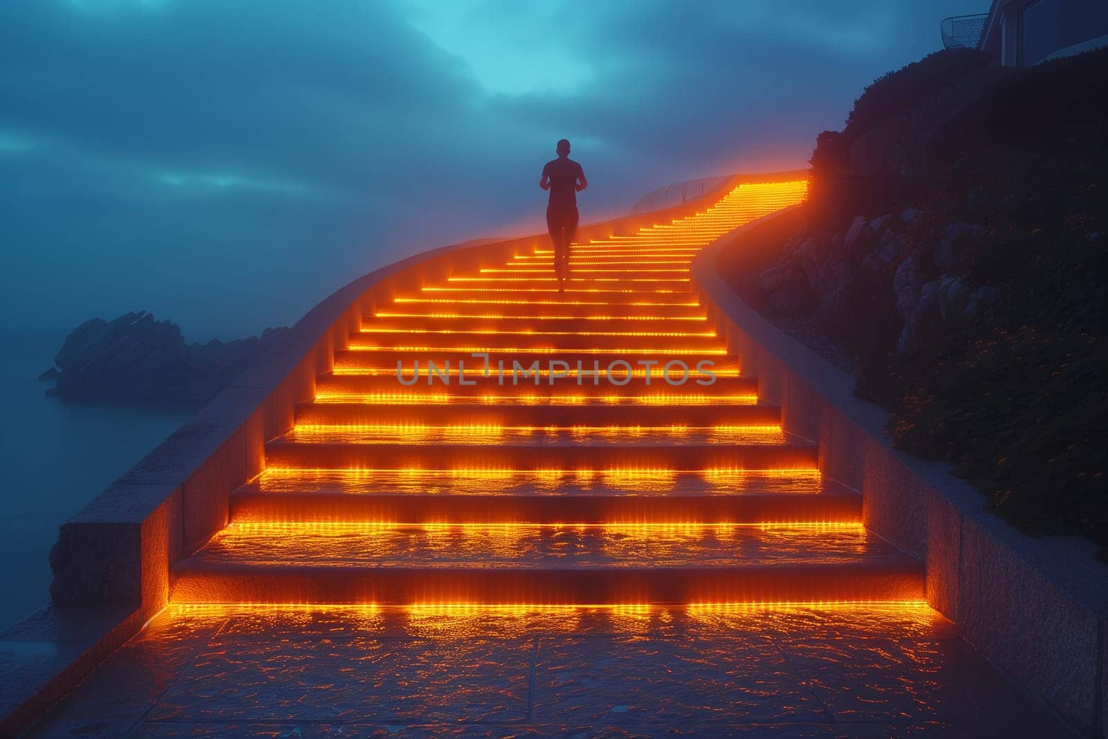 A man ascends a staircase illuminated at night, under a dusk sky. The landscape is filled with symmetry as he travels towards the horizon