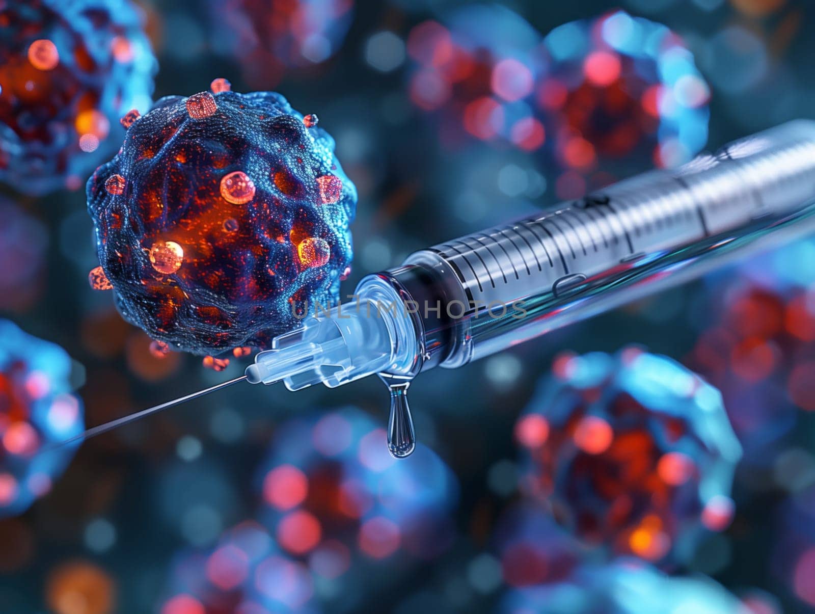 A syringe filled with electric blue liquid is injecting a vaccine into a cell a closeup blend of science and art in glass engineering meets organism