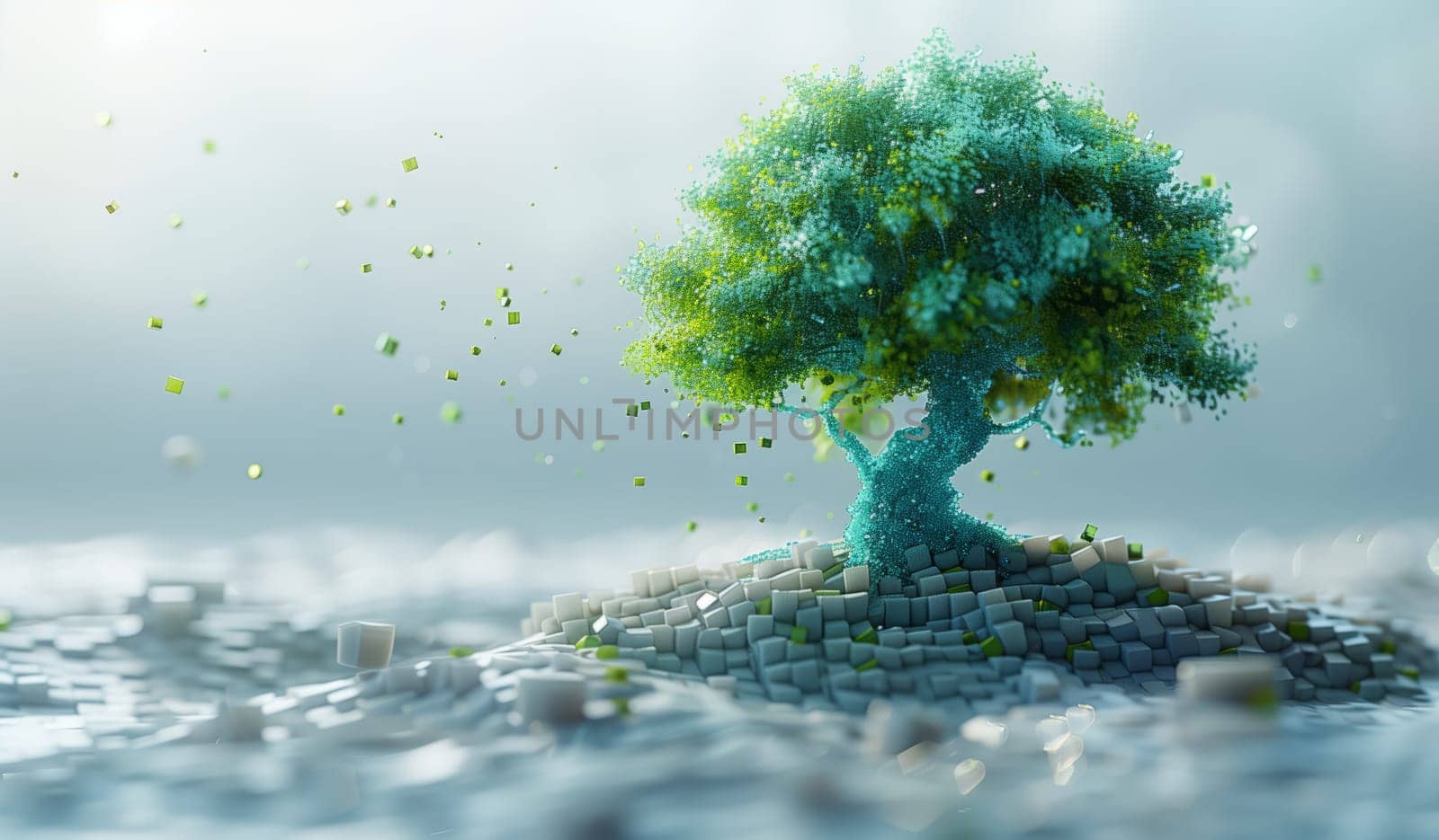 A tree sprouts on a tiny island surrounded by ocean waters. The sky is painted with fluffy clouds, creating a picturesque natural landscape