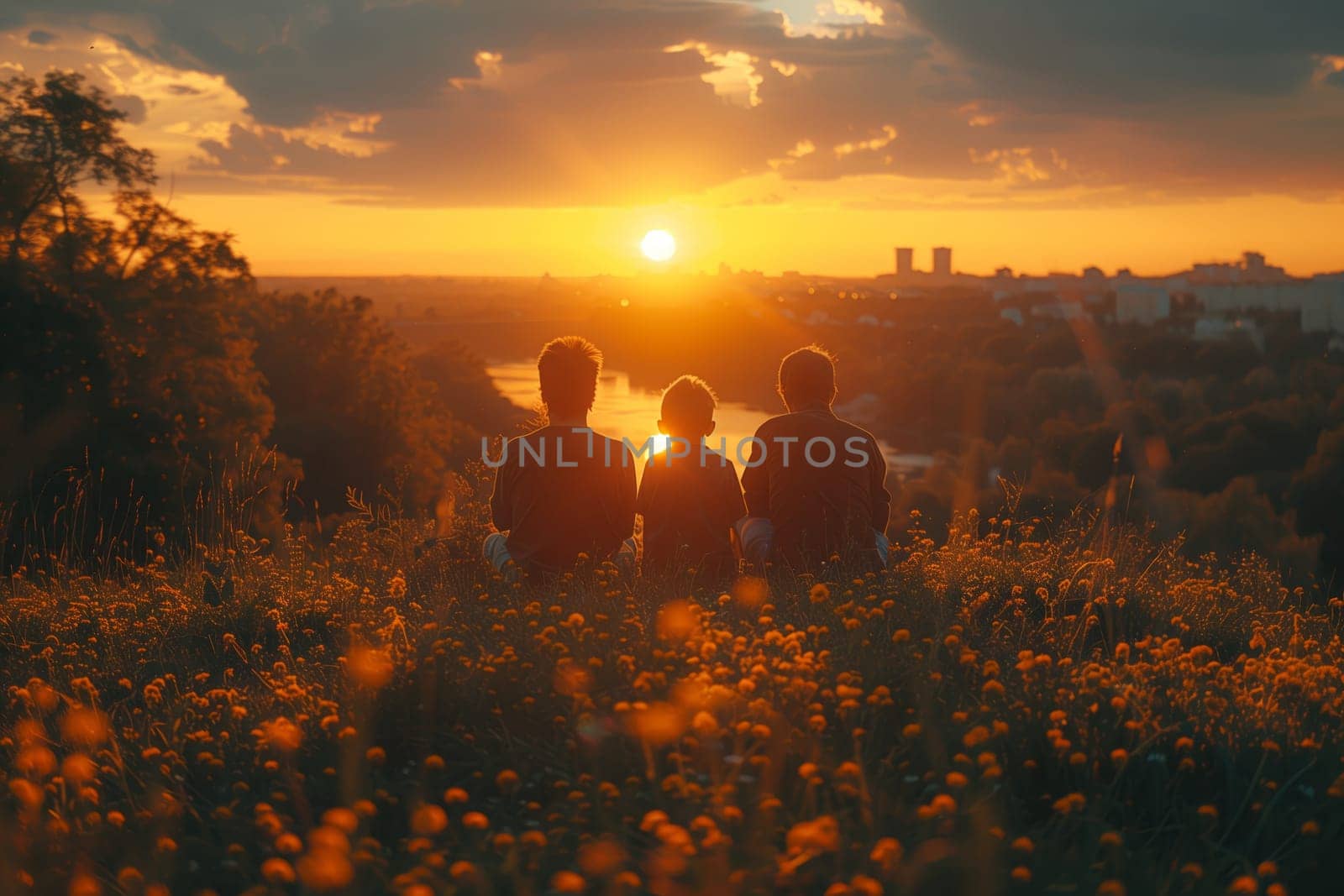 Three individuals are surrounded by a vibrant array of flowers in a natural landscape as the sun sets, casting a warm glow over the sky and creating a picturesque atmosphere