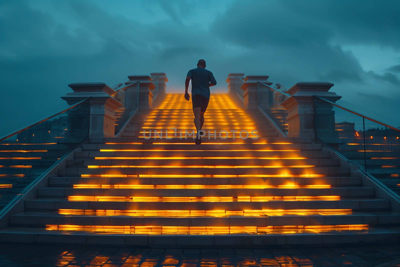 A man is ascending a staircase illuminated at night, with the cloudfilled sky above him creating a symmetrical horizon. The world is calm and peaceful as he enjoys the fun of exploring the landscape
