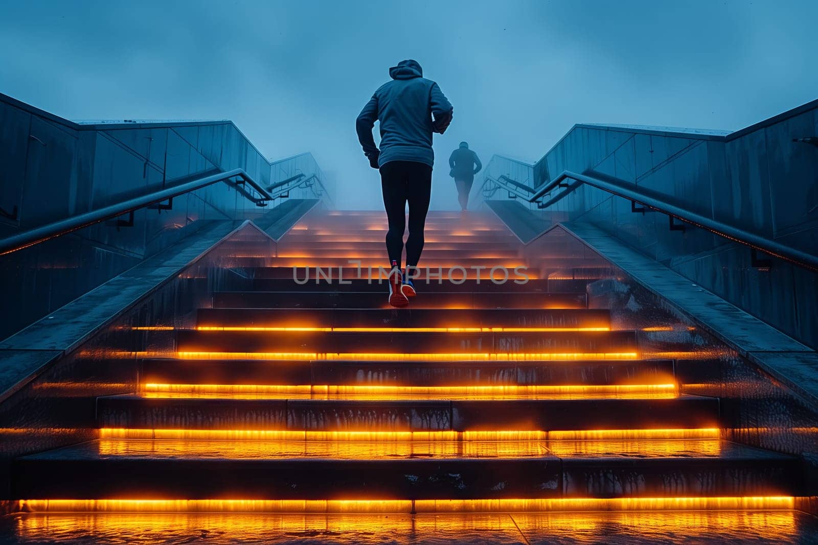 A man is briskly ascending a set of wooden stairs with a symmetrical walkway, against an electric blue sky and horizon, surrounded by people in a pedestrian street