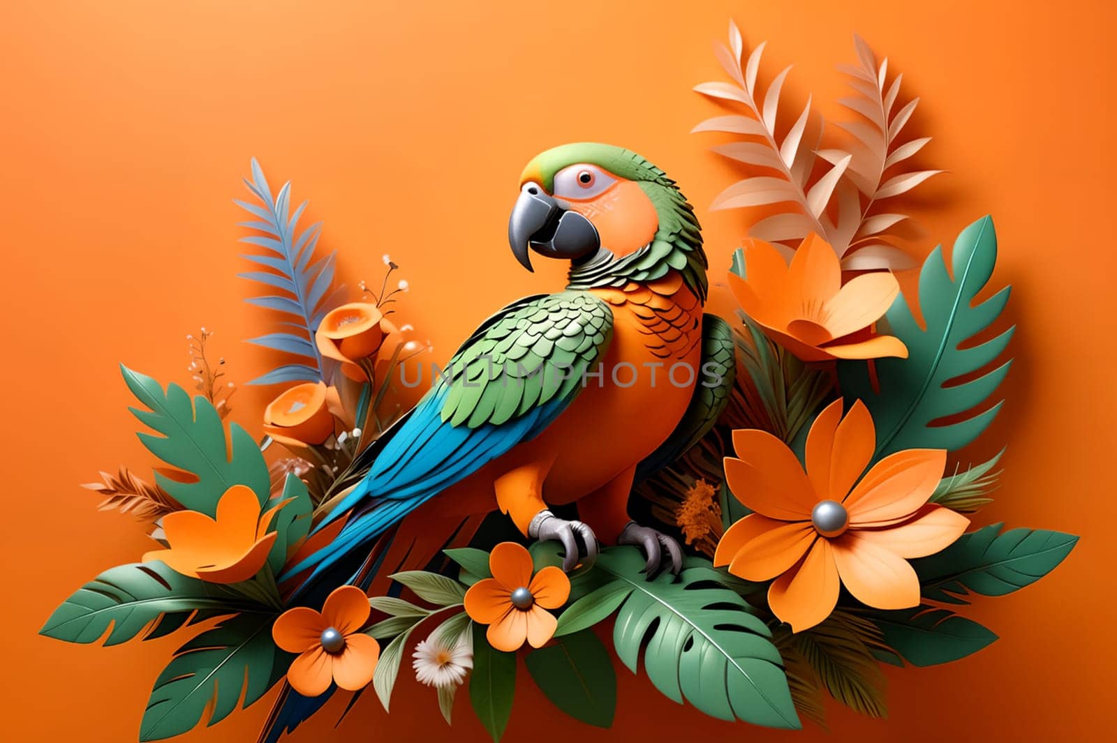 a beautiful colored parrot sits on a branch with flowers, 3D. by Rawlik