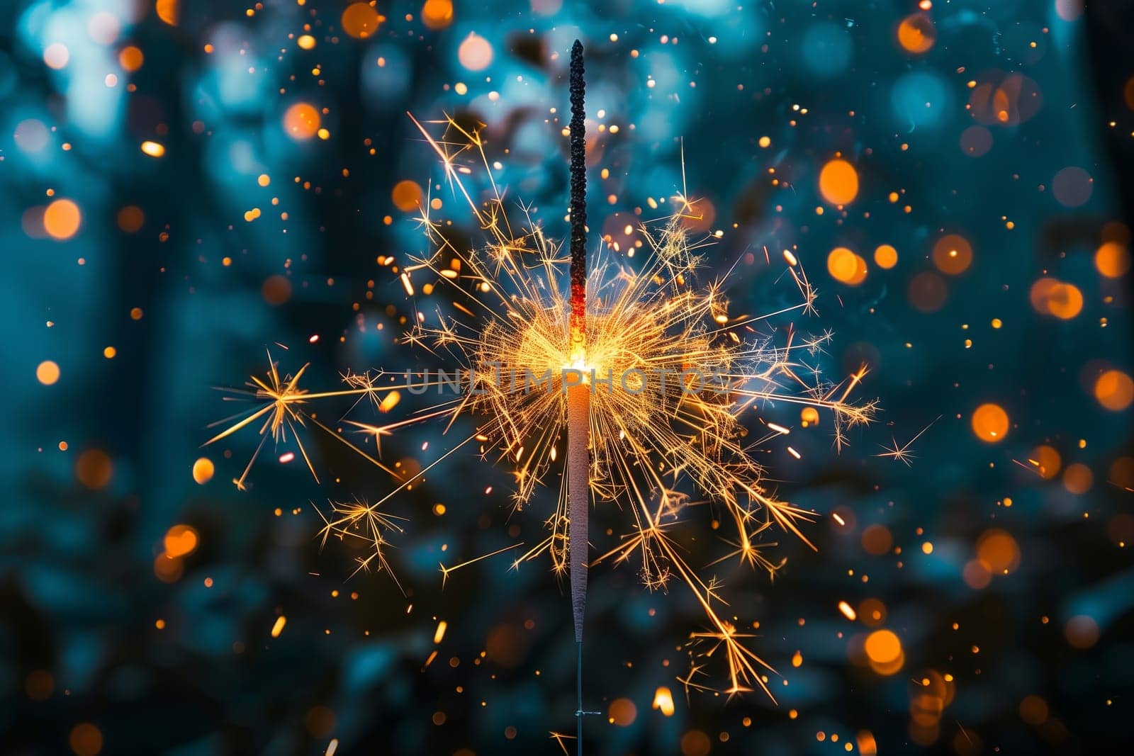 A closeup of an electric blue sparkler against a dark blue background, resembling a bright star in space. The intricate pattern of light looks like an astronomical object in the night sky