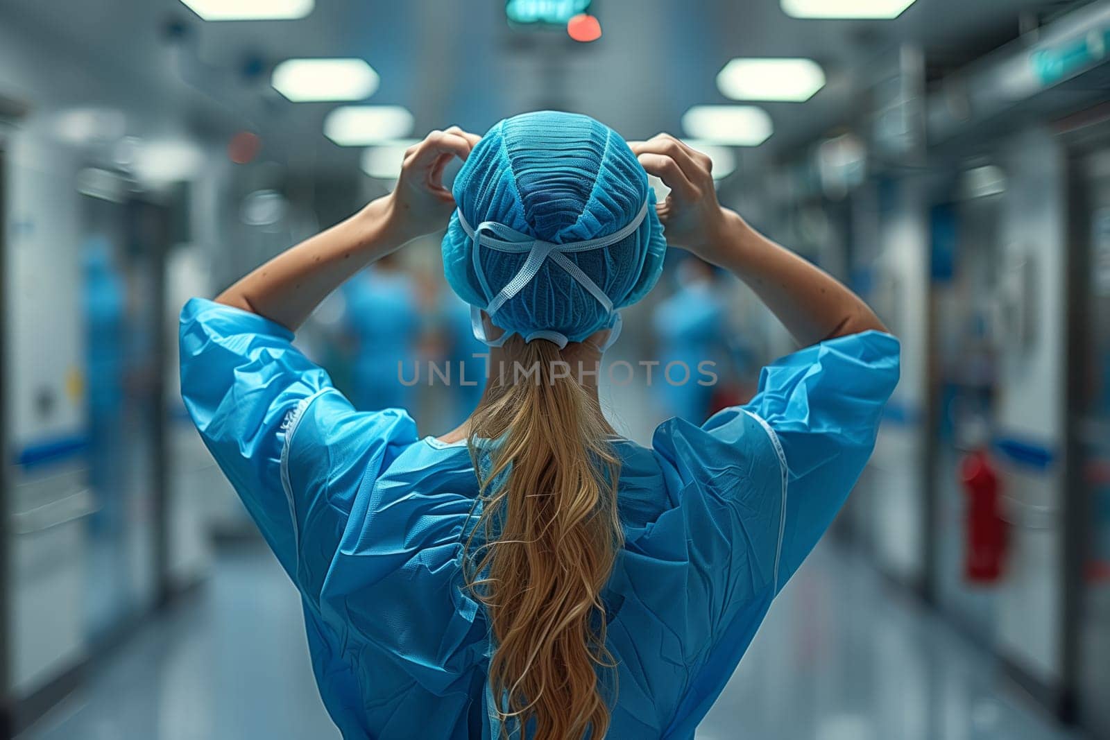 A female surgeon is getting ready for surgery, putting on her electric blue surgical cap to match her sports gear. Her long hair tucked away for safety in personal protective equipment