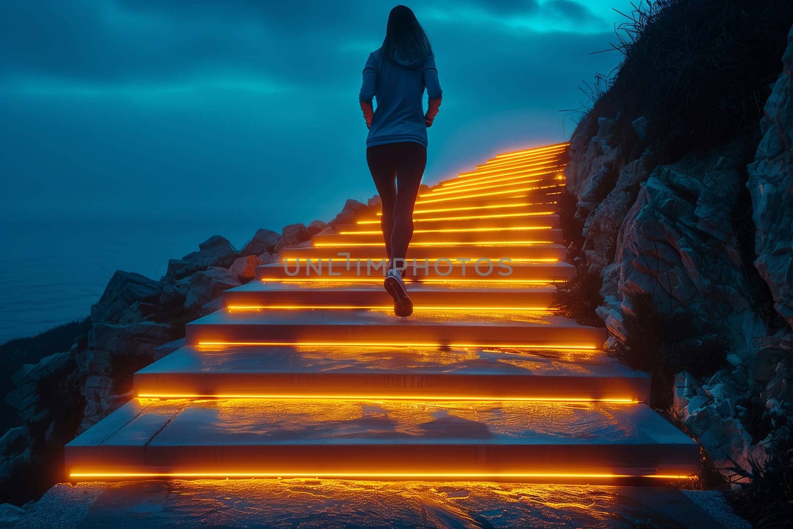 A woman ascends illuminated stairs at night, surrounded by the dusky sky and horizon. She is happy as she travels up the wooden steps