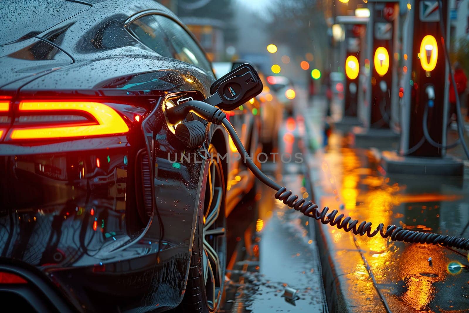 An electric vehicle is getting charged at a charging station, showcasing modern automotive technology and sustainability